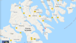 Credit: Google Maps. Bakkafrost's new facility is at Glyvrar (red dot), Marine Harvest has purchased one at Stendur (blue dot)